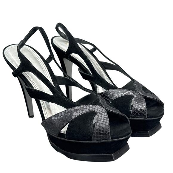 Bebe 90s Black Snake Suede Slingback Platform Stiletto Peep Toe Shoe Women 10B - Picture 1 of 8